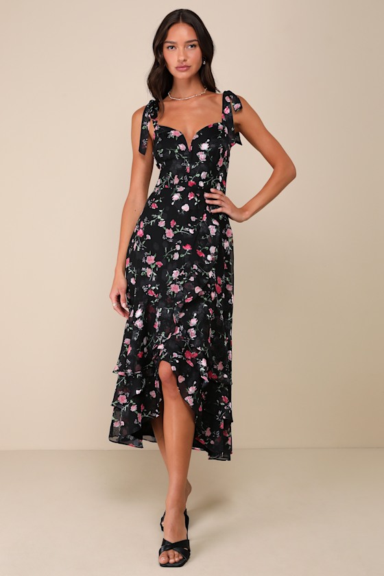 So Elevated Black Floral Jacquard Tie-Strap High-Low Midi Dress 1