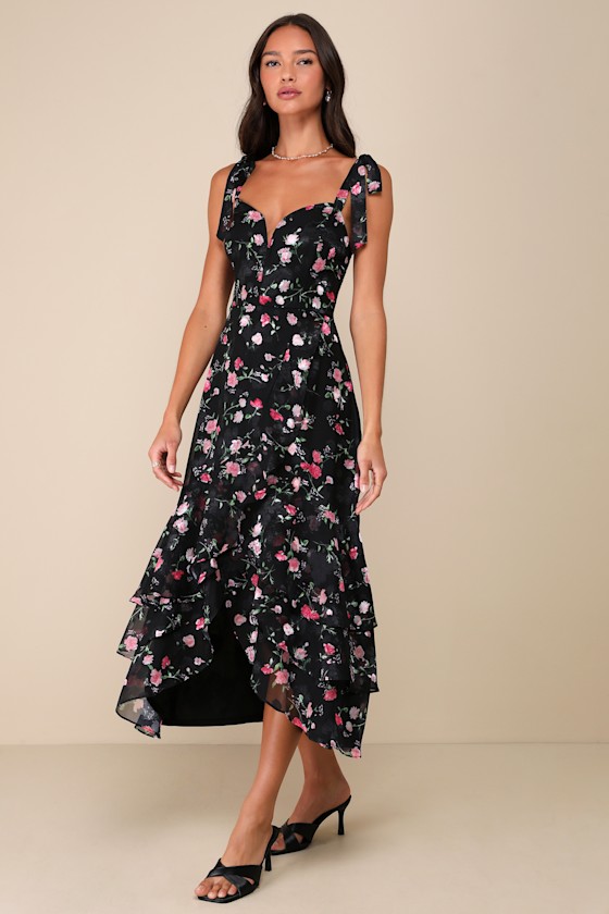 Lulus So Elevated Black Floral Jacquard Tie-strap High-low Midi Dress In Black