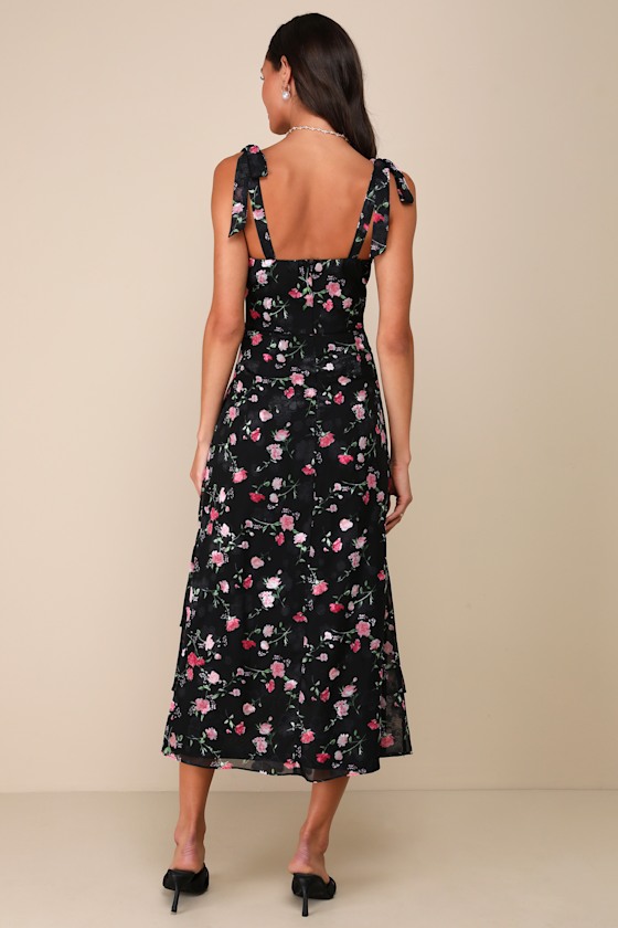 Lulus So Elevated Black Floral Jacquard Tie-strap High-low Midi Dress In Black