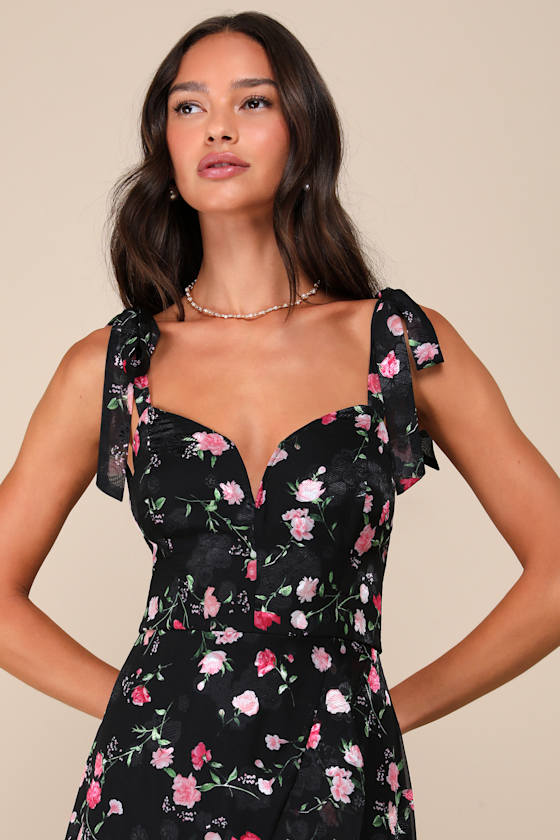 Lulus So Elevated Black Floral Jacquard Tie-strap High-low Midi Dress In Black