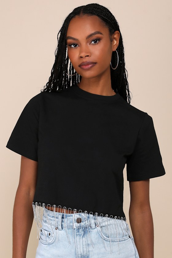 Lulus Let's Party Black Rhinestone Fringe Cropped Tee In Black