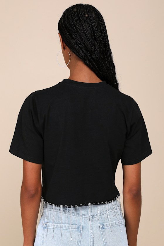 Lulus Let's Party Black Rhinestone Fringe Cropped Tee In Black