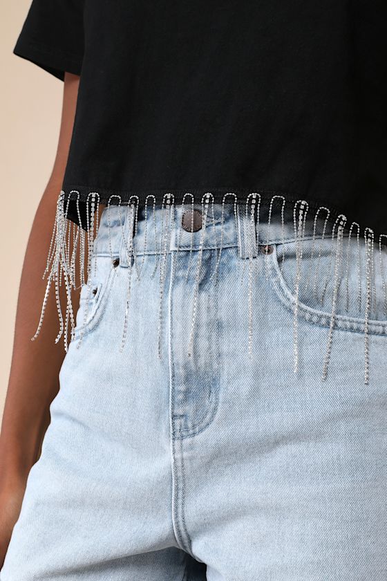 Lulus Let's Party Black Rhinestone Fringe Cropped Tee In Black
