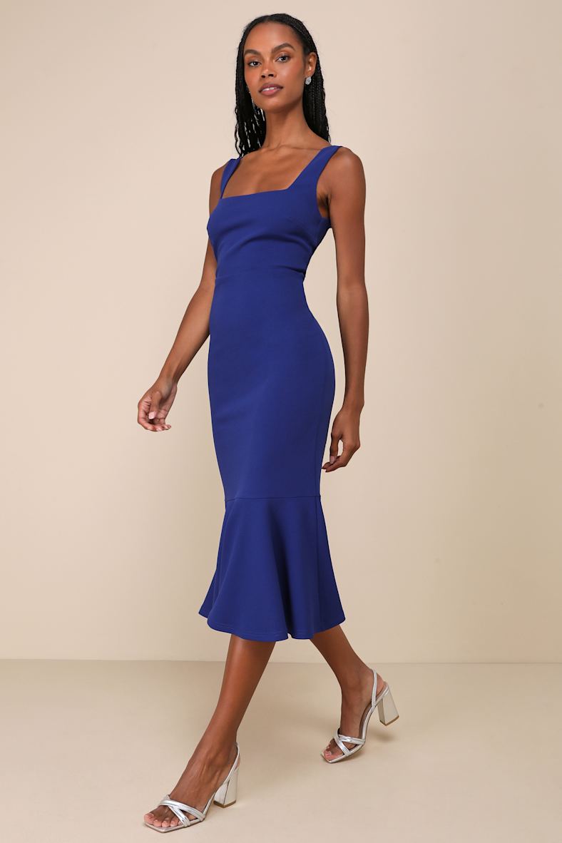 Moment Maker Cobalt Blue Square Neck Trumpet Midi Dress