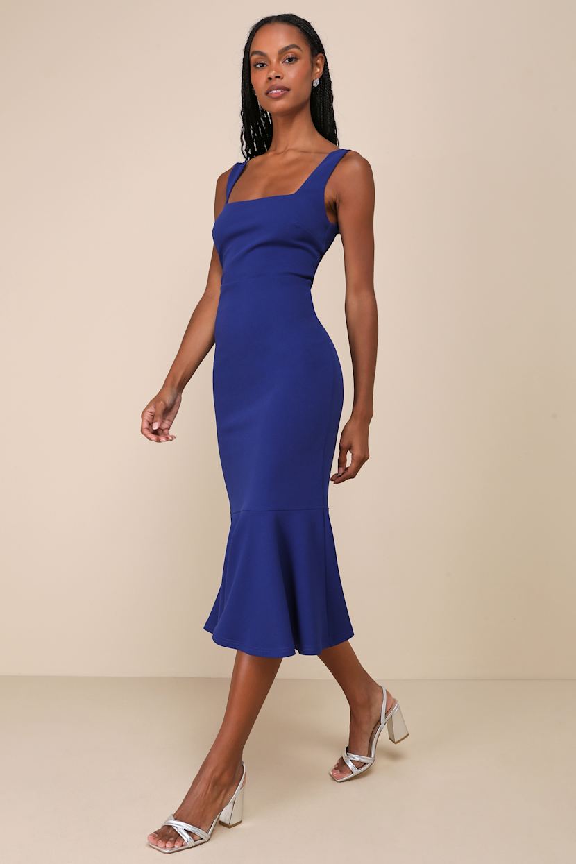 Moment Maker Cobalt Blue Square Neck Trumpet Midi Dress