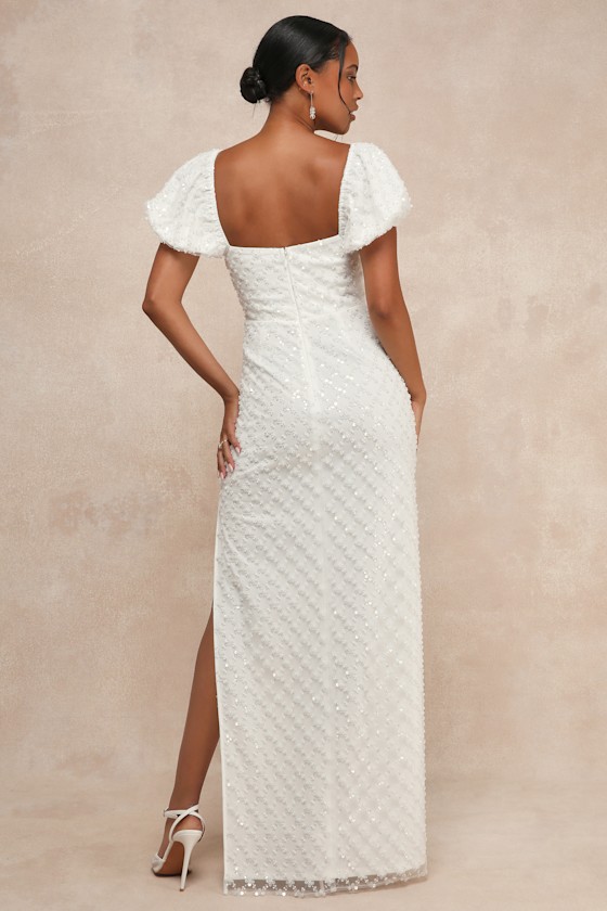 Incredible Glamour White Sequin Puff Sleeve Column Maxi Dress 1