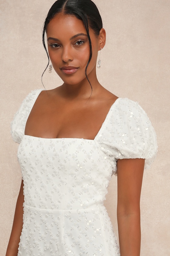 Lulus Incredible Glamour White Sequin Puff Sleeve Column Maxi Dress In White