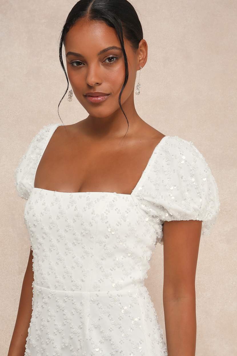white sequin puff sleeve dress White Sequin Mini Dress S White by Lane 201