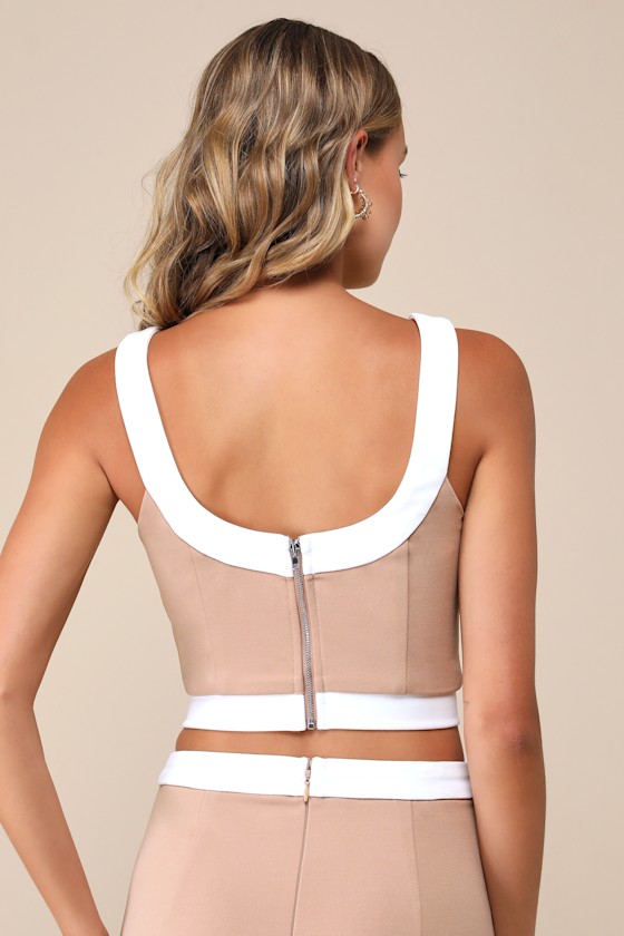 Lulus Totally Sensational Tan Color Block Sleeveless Crop Top In Tan
