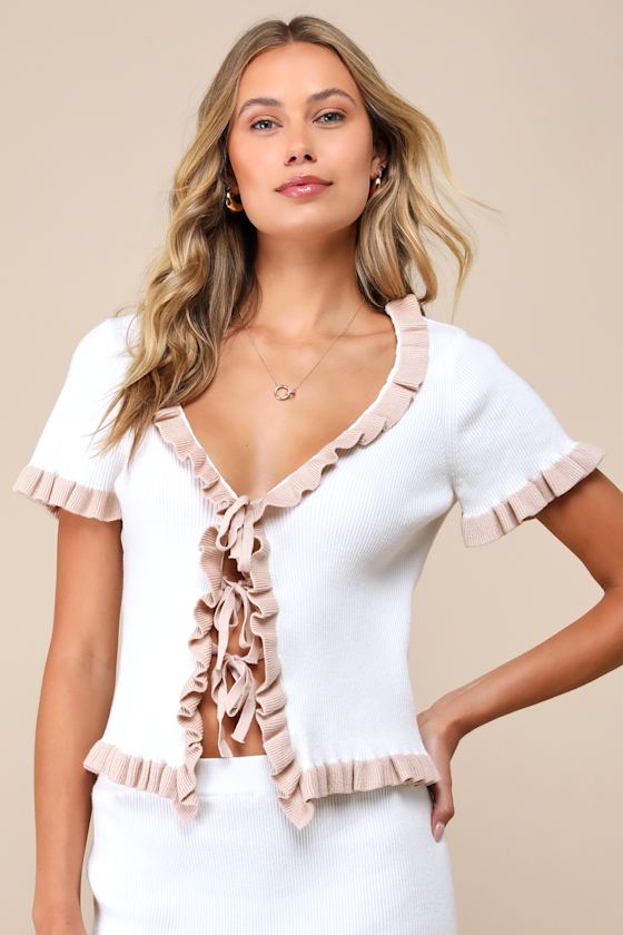 Lulus Preppy Tendencies Ivory Ribbed Knit Tie-front Sweater Top In Ivory