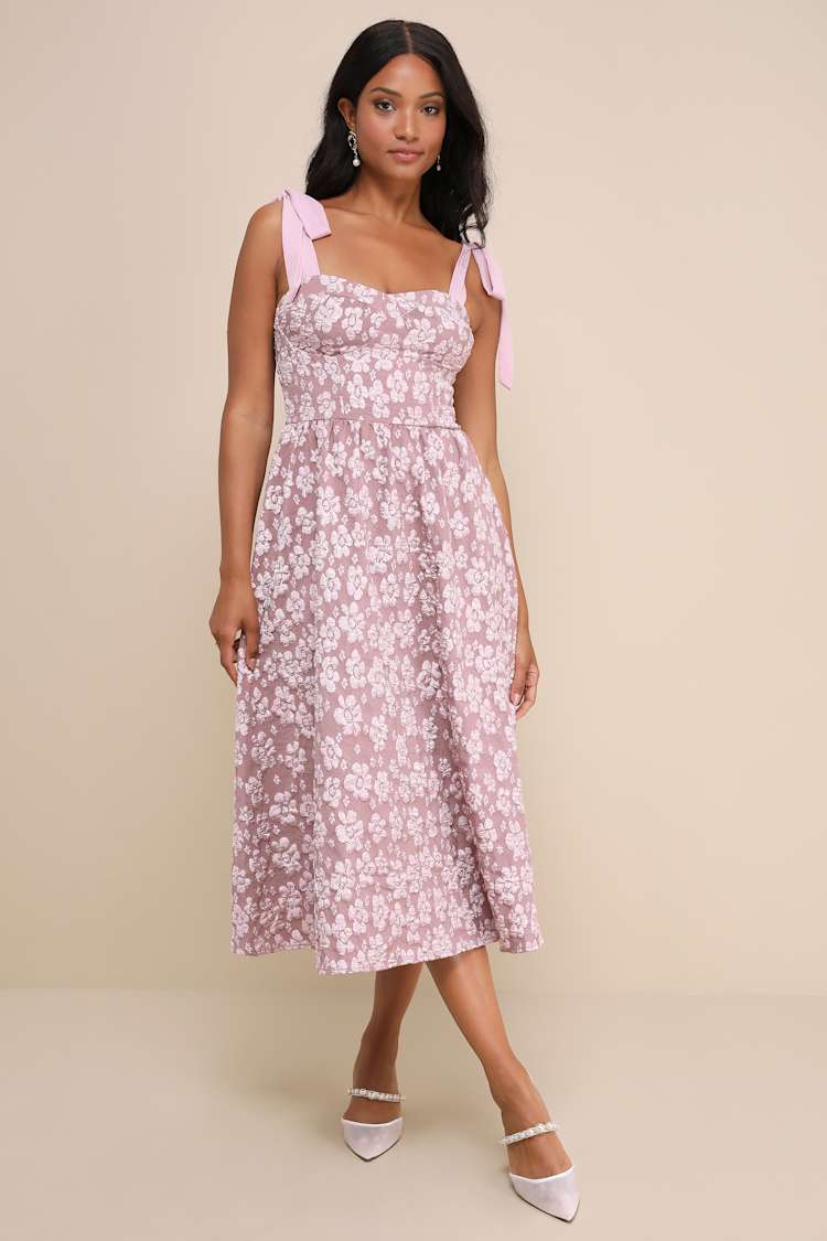 Bubbly Bliss Mauve Pink Jacquard Bustier Tie-Strap Midi Dress