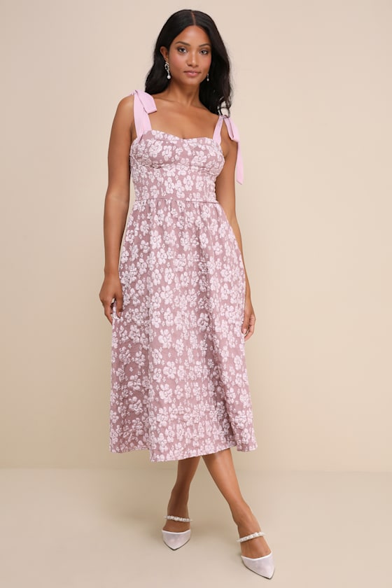 Bubbly Bliss Mauve Pink Jacquard Bustier Tie-Strap Midi Dress 5