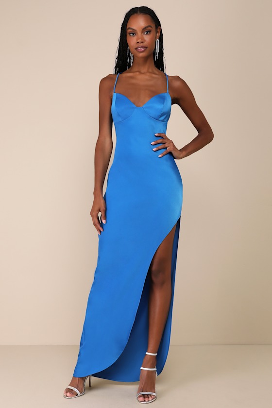 Glam Sentiment Blue Satin Lace-Up Slip Maxi Dress 1