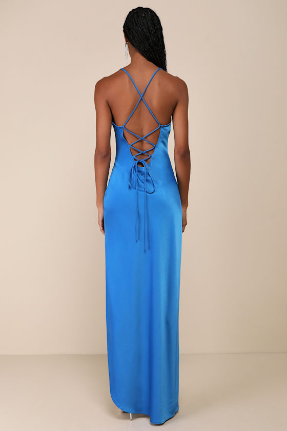 Lulus Glam Sentiment Blue Satin Lace-up Slip Maxi Dress In Blue