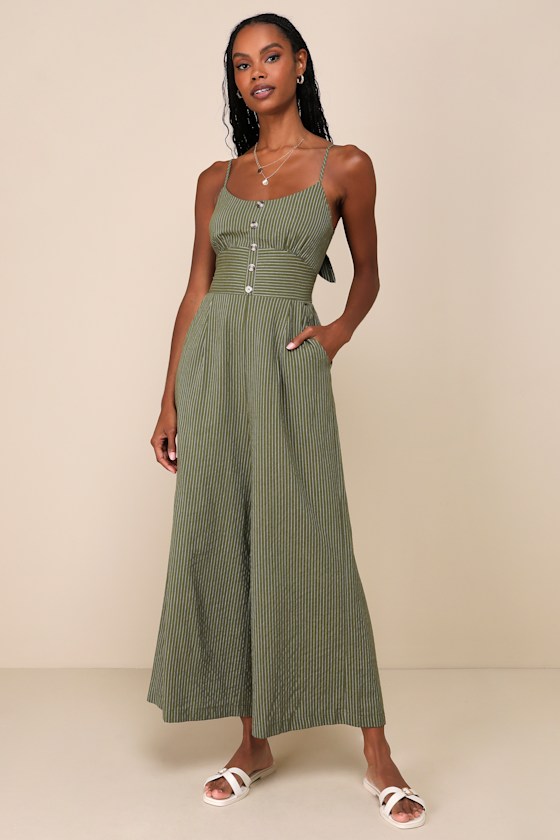 Coastal Air Olive Green Striped Tie-Back Culotte Jumpsuit 1