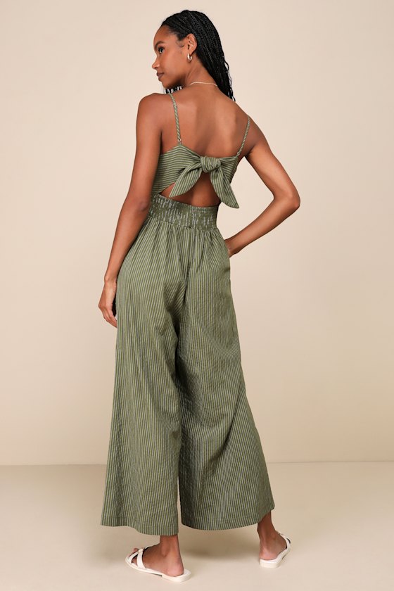 Coastal Air Olive Green Striped Tie-Back Culotte Jumpsuit 3