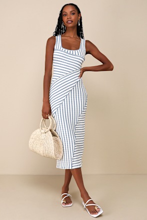 tight fitting parti striped dress Women's Navy and Cream Striped Midi Dress- Classic Thin Striped Dress- TCEC Striped Dress Large