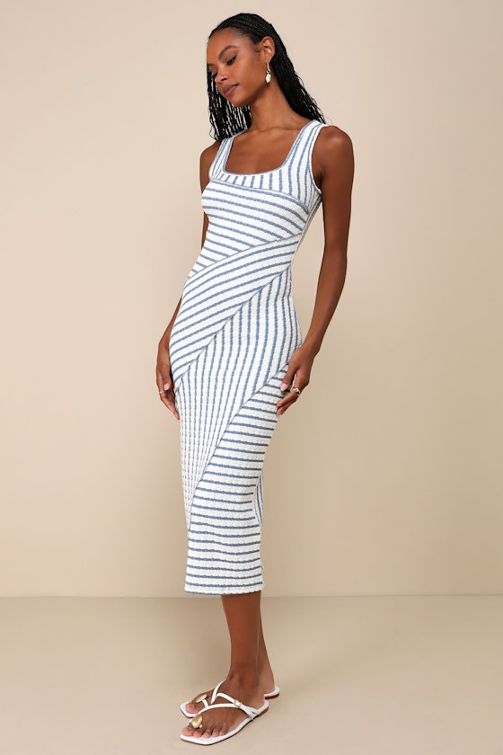 Lulus Constantly Trendy Blue Striped Crinkle Bodycon Midi Dress In Blue