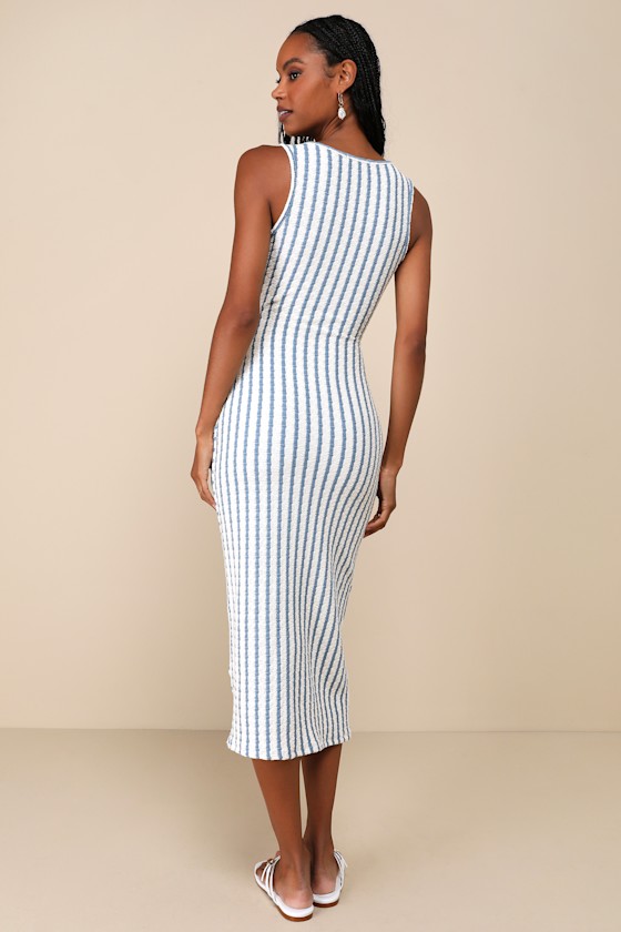 Lulus Constantly Trendy Blue Striped Crinkle Bodycon Midi Dress In Blue