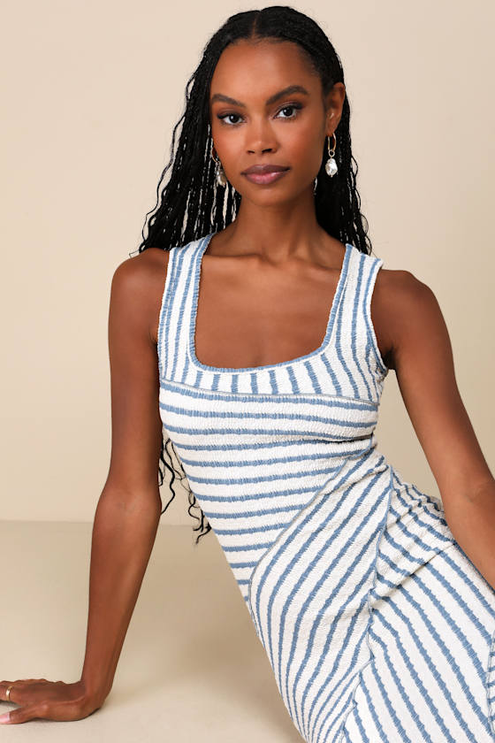 Lulus Constantly Trendy Blue Striped Crinkle Bodycon Midi Dress In Blue