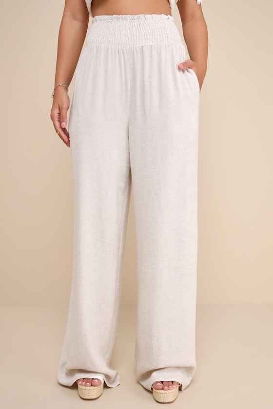 Hit the Breeze Beige Smocked Wide-Leg Pants - thumbnail 6