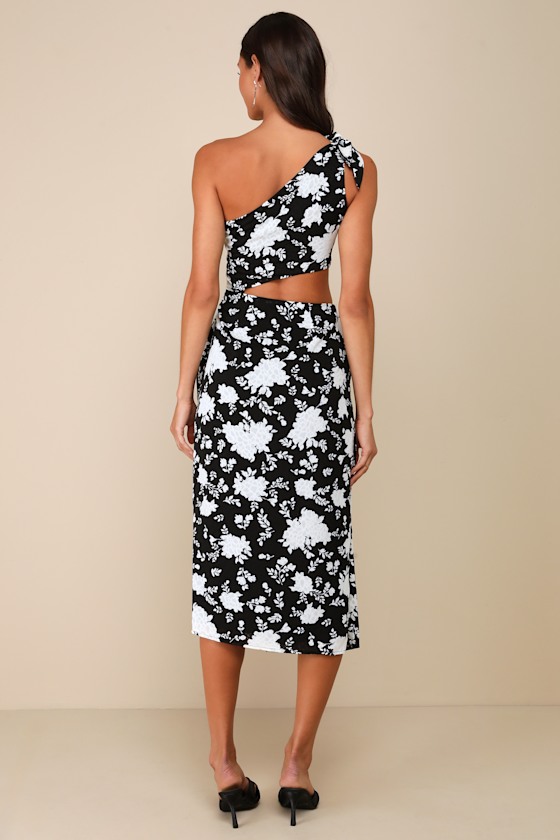 Vacay Beauty Black and White Scarf Print One-Shoulder Midi Dress 4