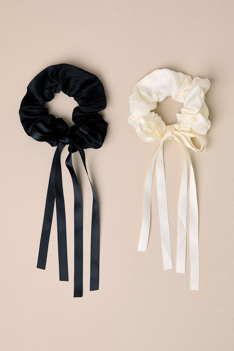 Ivory & Black Satin Scrunchie Set - Bow Scrunchies  display picture 3