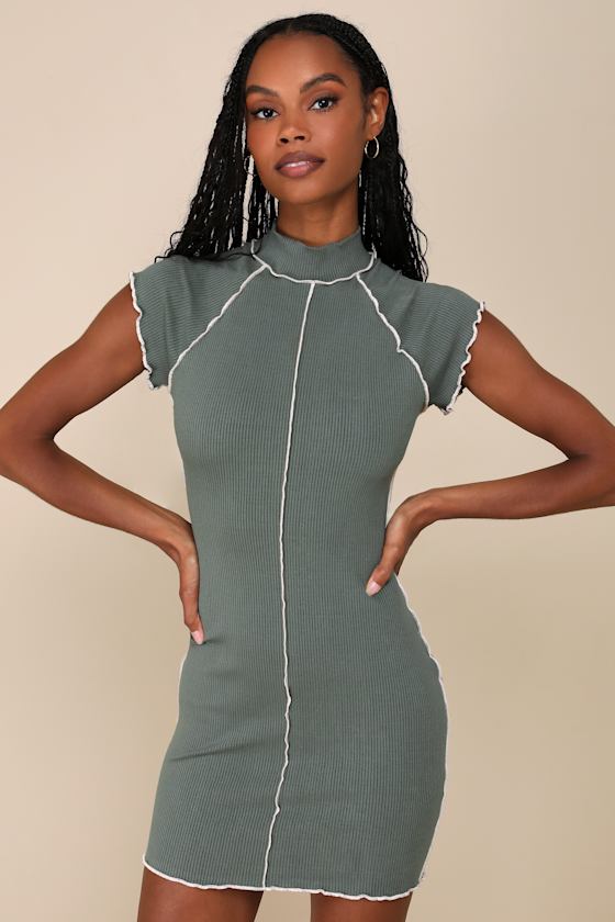 Cool Vibe Olive Green Ribbed Short Sleeve Mock Neck Mini Dress 1
