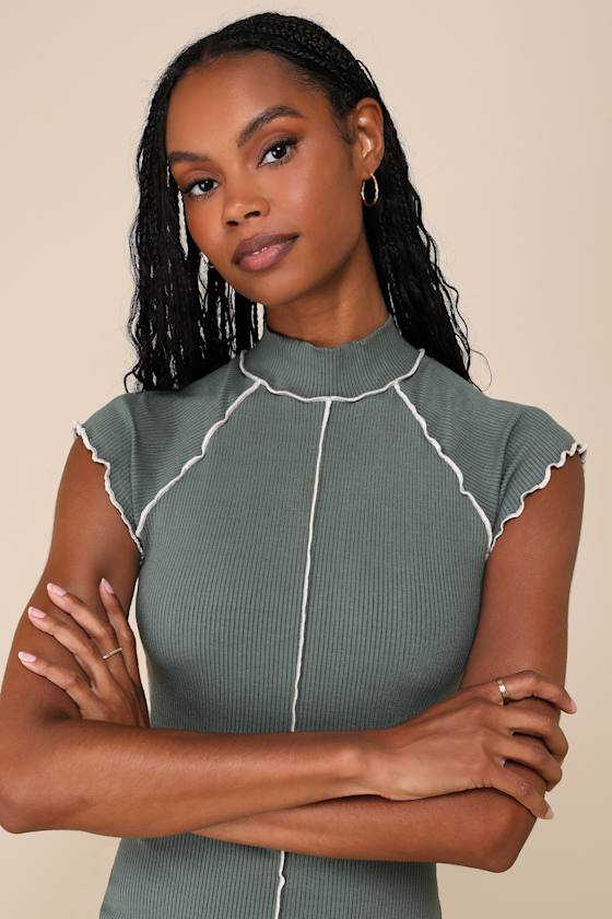 Lulus Cool Vibe Olive Green Ribbed Short Sleeve Mock Neck Mini Dress In Olive Green