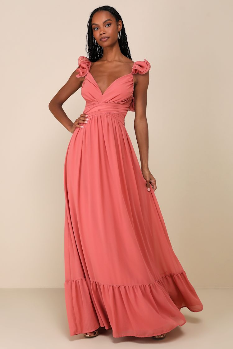 slim fit dress slacks BABARONI Chiffon and Lace Floor-Length A-Line Dress Dusty Rose, Dusty Rose / US0 main image 1