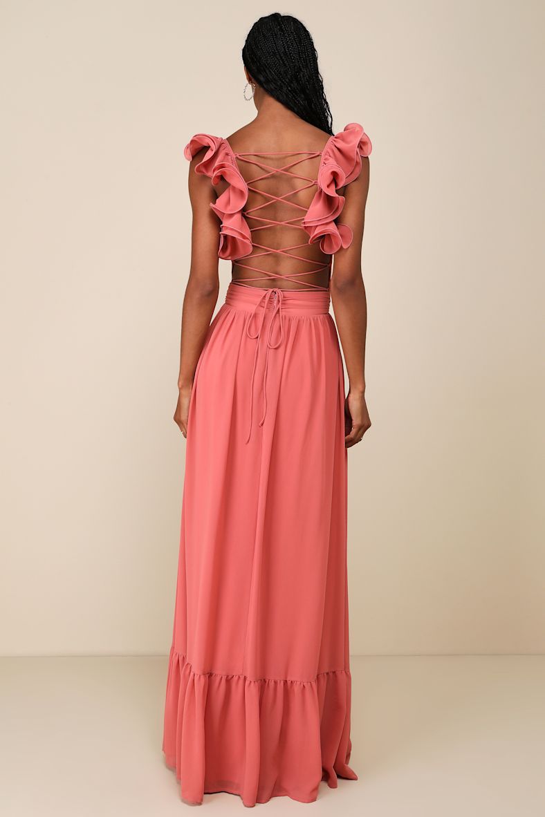 Soiree Celebration Rusty Rose Ruffled Lace-Up Maxi Dress