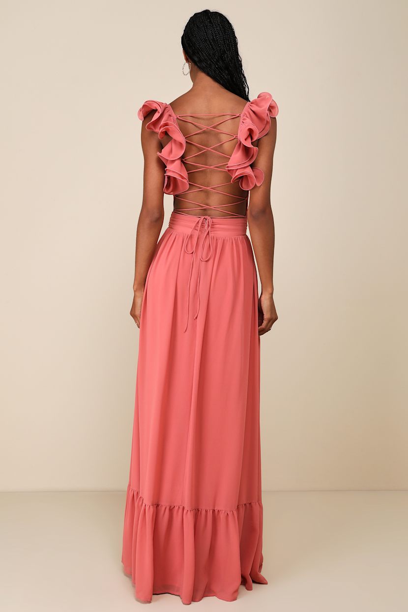 Soiree Celebration Rusty Rose Ruffled Lace-Up Maxi Dress