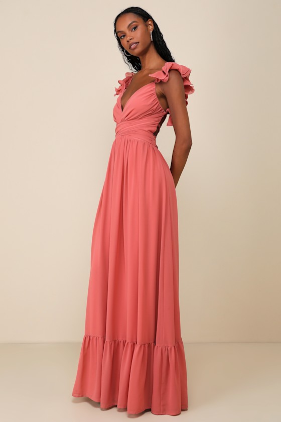 Shop Lulus Soiree Celebration Rusty Rose Ruffled Lace-up Maxi Dress In Pink
