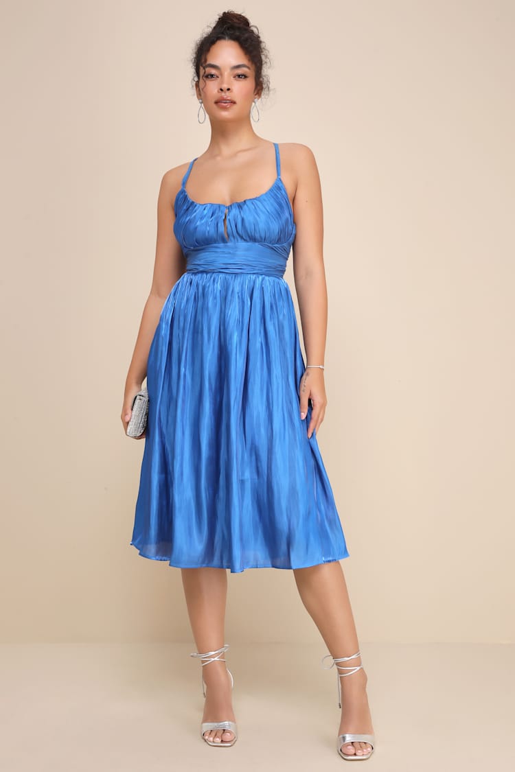 Cobalt Blue Dress - Pleated Satin Dress - Lace-Up Midi Dress - Lulus Cobalt Blue Dress - Pleated Satin Dress - Lace-Up Midi Dress - Lulus