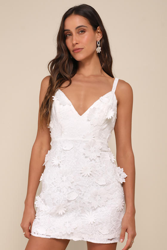 Lulus Exceedingly Lovely White Applique Floral Backless Mini Dress In White