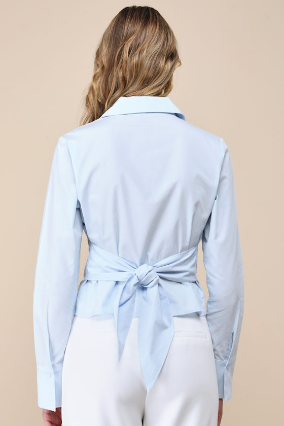 LULUS MAJORLY CHARMING LIGHT BLUE COLLARED BUTTON-UP TIE-BACK TOP
