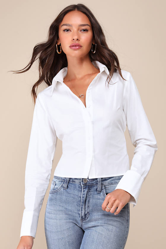 LULUS MAJORLY CHARMING IVORY COLLARED BUTTON-UP TIE-BACK TOP