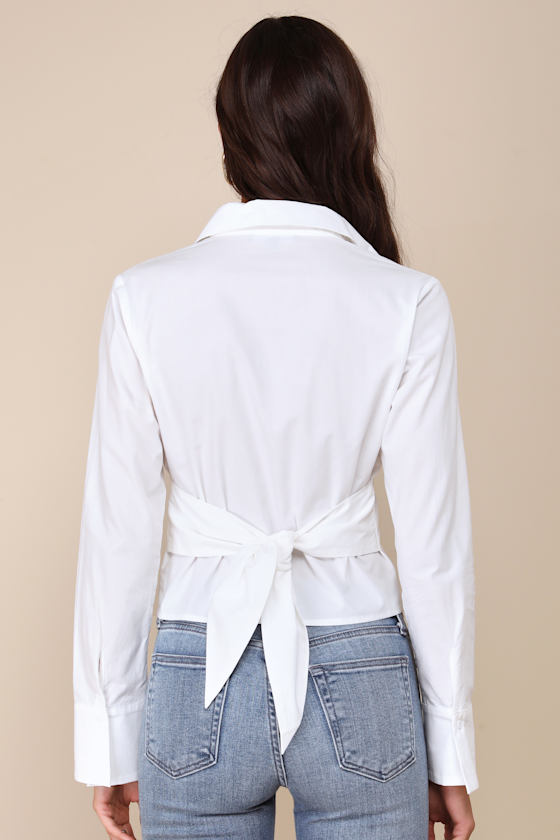 LULUS MAJORLY CHARMING IVORY COLLARED BUTTON-UP TIE-BACK TOP