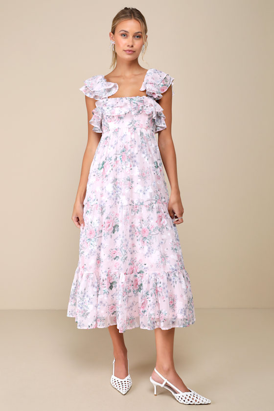 Lulus Genuine Sweetness Light Pink Floral Jacquard Lace-up Midi Dress In Light Pink