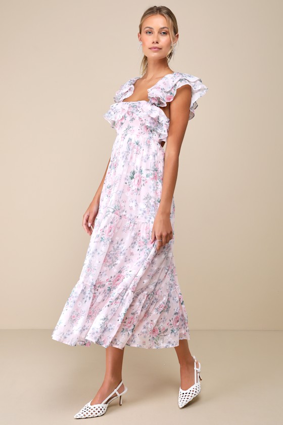 Lulus Genuine Sweetness Light Pink Floral Jacquard Lace-up Midi Dress In Light Pink