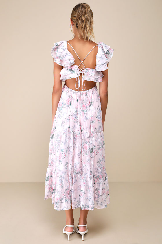 Lulus Genuine Sweetness Light Pink Floral Jacquard Lace-up Midi Dress In Light Pink
