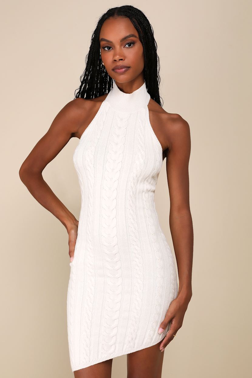 High Neck Halter Dresses Mini Trending Perfection Cream Cable Knit