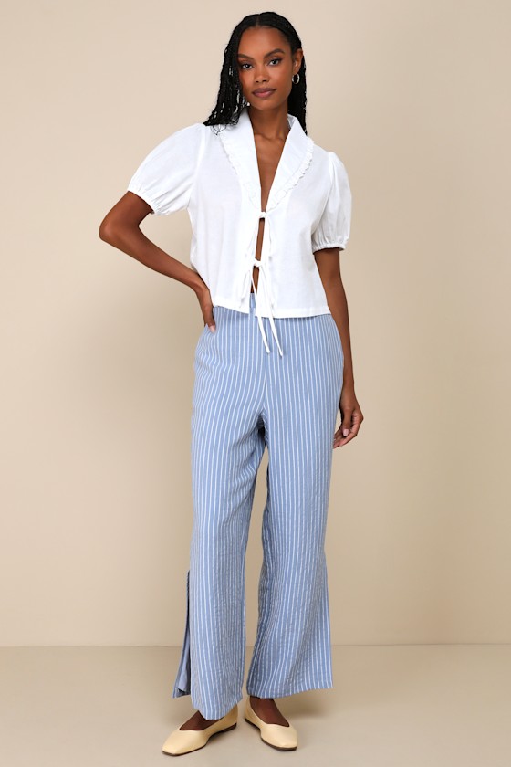 Lulus Cutest Existence Ivory Collared Tie-front Short Sleeve Top In Ivory