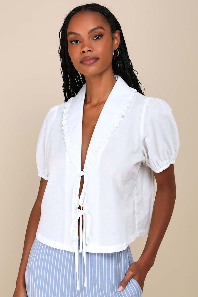 Ivory Embroidered Collared Top - Short Sleeve Top - Tie-Front Top 