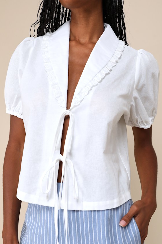 Lulus Cutest Existence Ivory Collared Tie-front Short Sleeve Top In Ivory