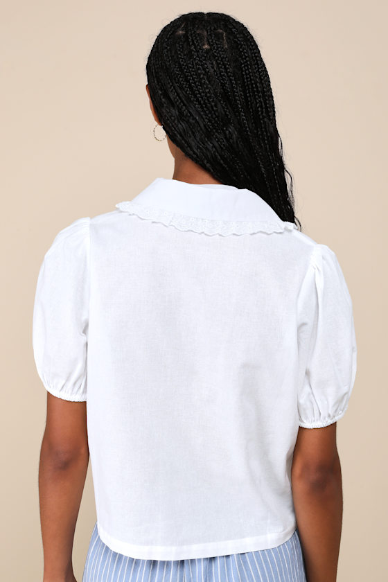 Lulus Cutest Existence Ivory Collared Tie-front Short Sleeve Top In Ivory