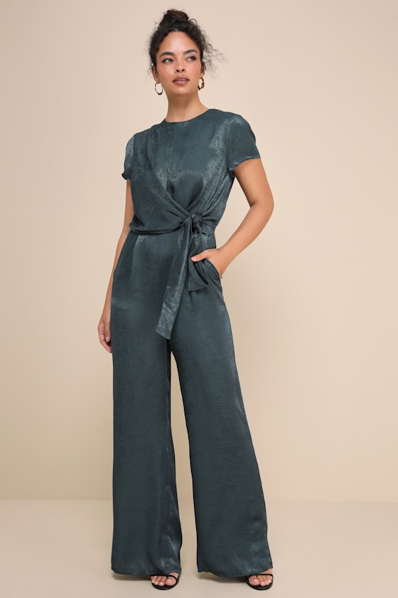 Let Me Entertain You Dark Green Satin Wide-Leg Jumpsuit