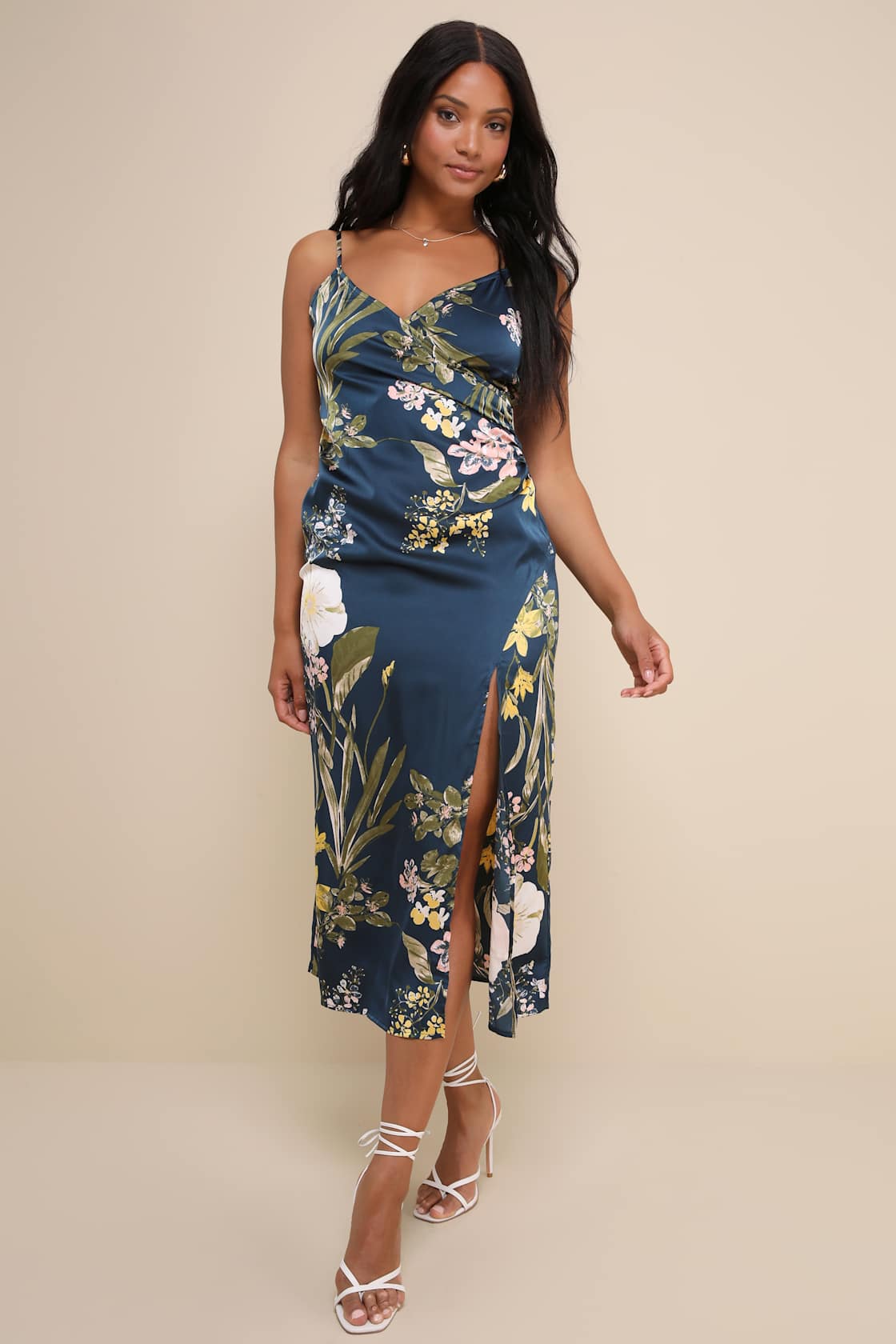 Remarkable Entrance Navy Blue Floral Print Satin Midi Dress