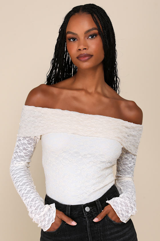 Serene Date Cream Lace Off-the-Shoulder Long Sleeve Top 2