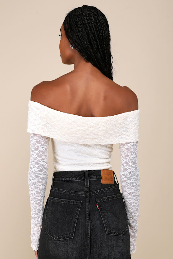 Lulus Serene Date Cream Lace Off-the-shoulder Long Sleeve Top In White